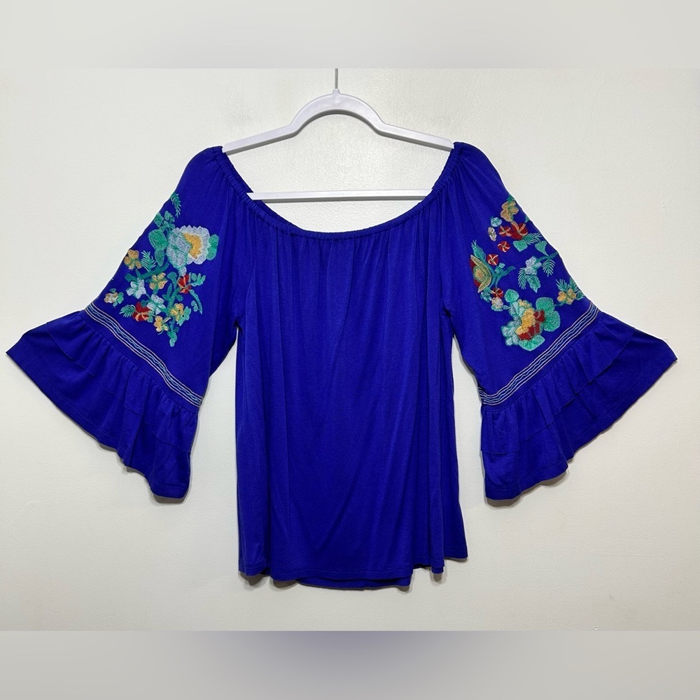 Altar’d State Boho Embroidered Floral Bell Sleeve Off The Shoulder Blouse